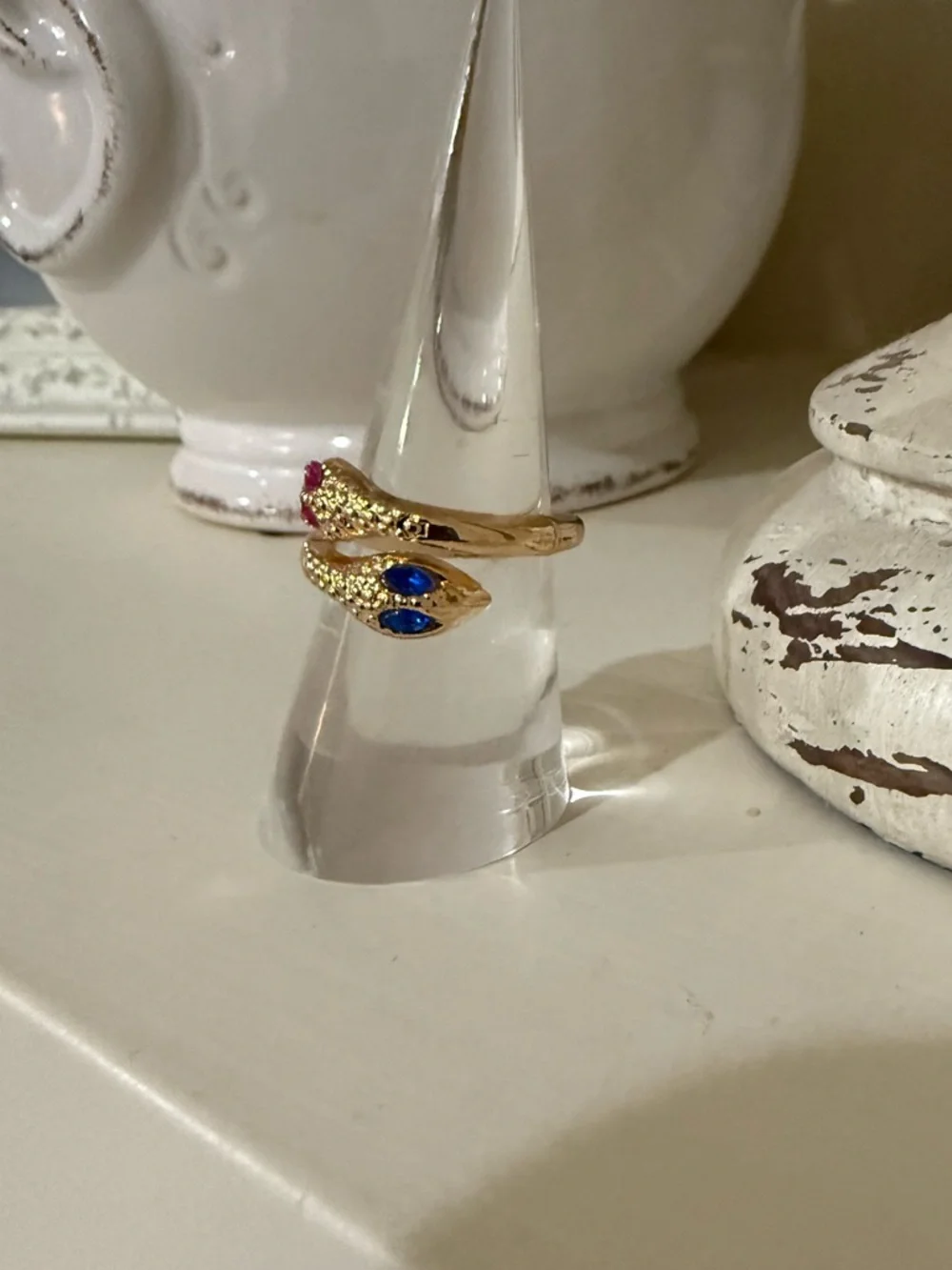 Gold Plated Double Snake Ring - Blue and Pink